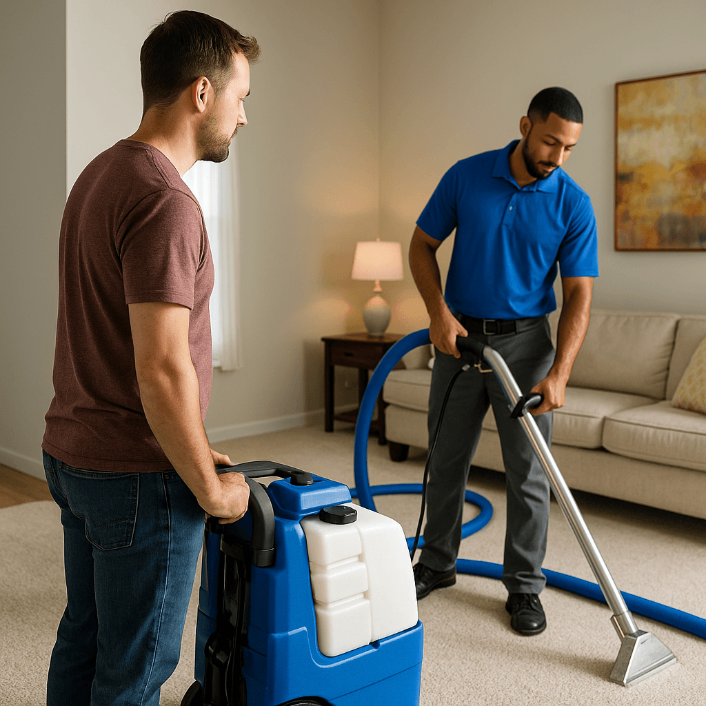 Tomball homeowner comparing a small DIY carpet cleaning machine to a professional technician using industrial equipment in a bright living room