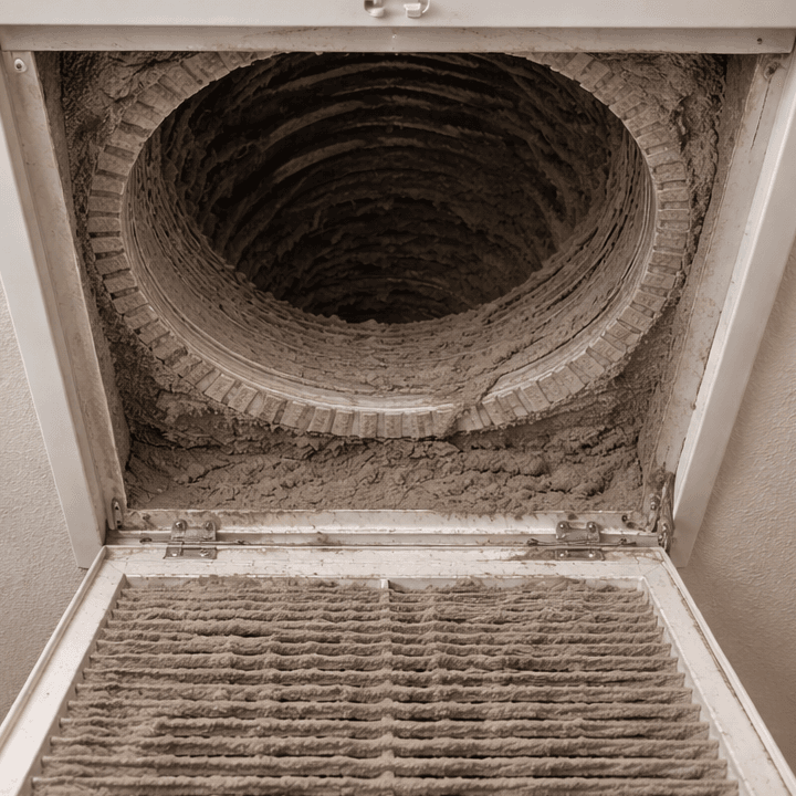 dusty air duct interior in a Katy TX home before professional air duct cleaning