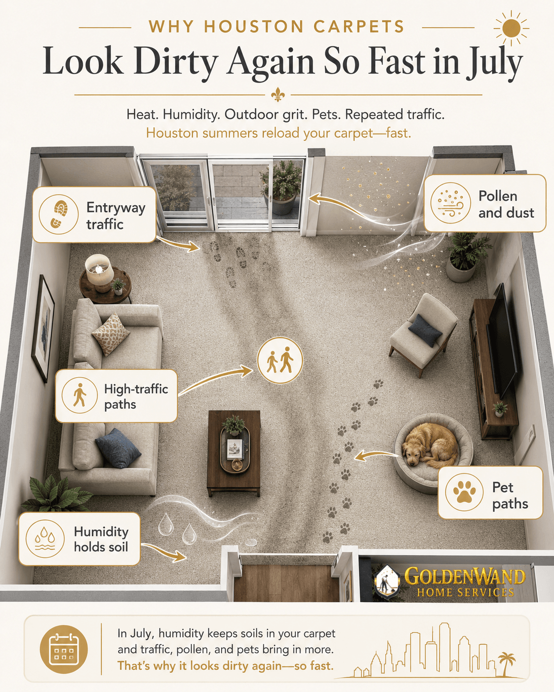 Educational graphic explaining why Houston carpets can look dirty again soon after cleaning.