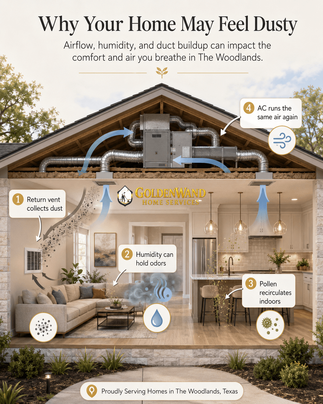Educational graphic about signs homeowners may notice before scheduling air duct cleaning in The Woodlands