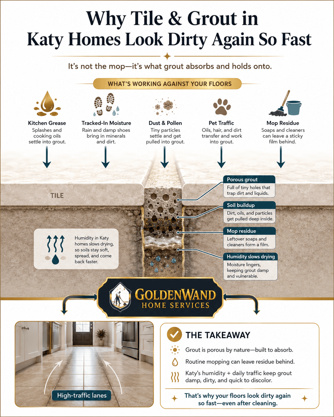 Educational graphic explaining why grout lines can look dirty again in Katy homes.