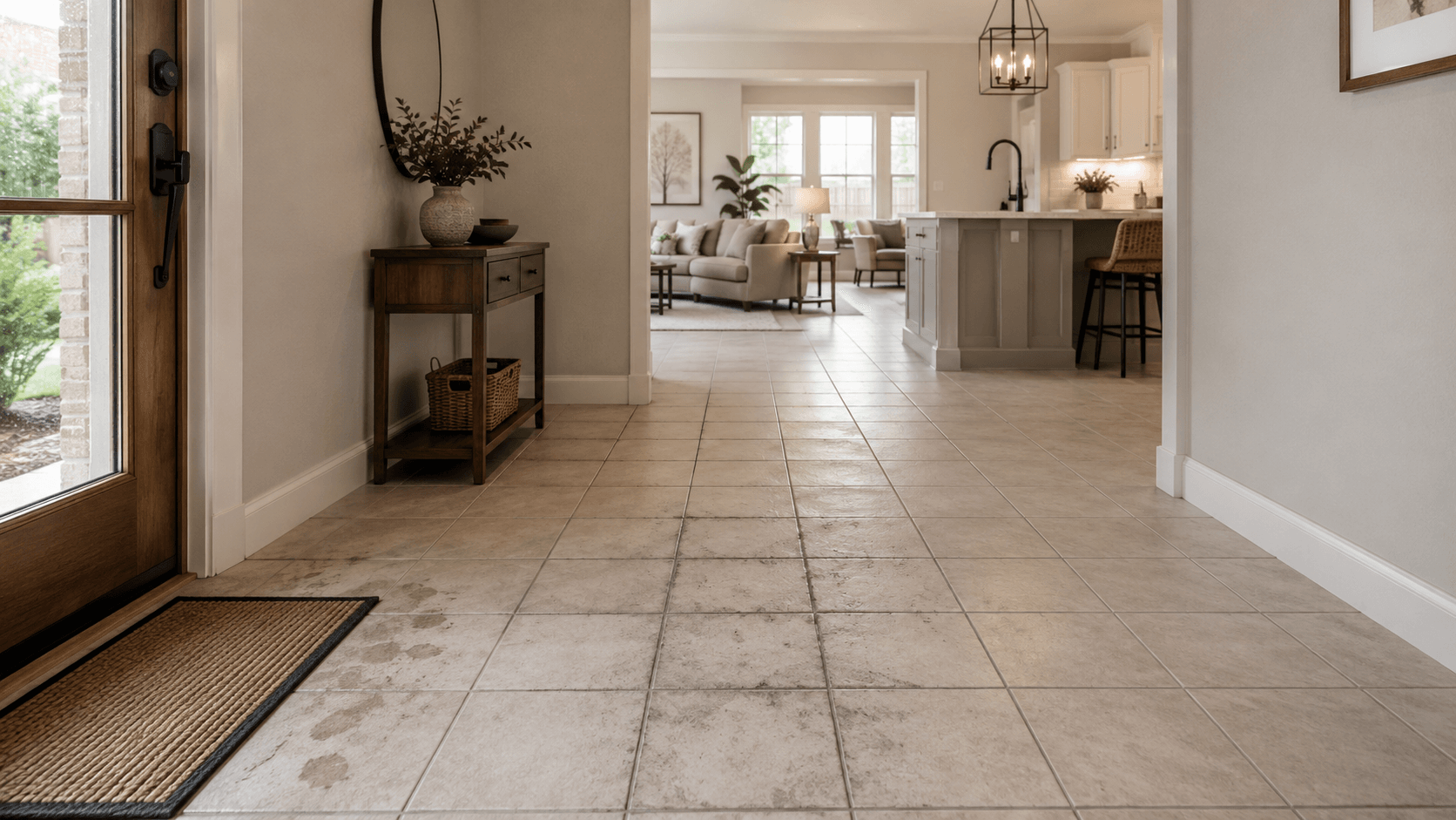 Signs of dirty or discolored grout lines in a Katy home.
