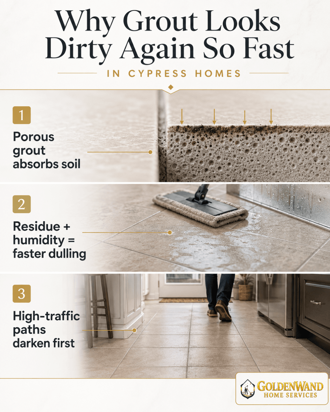 Educational graphic explaining why grout lines can look dirty again in Cypress homes.