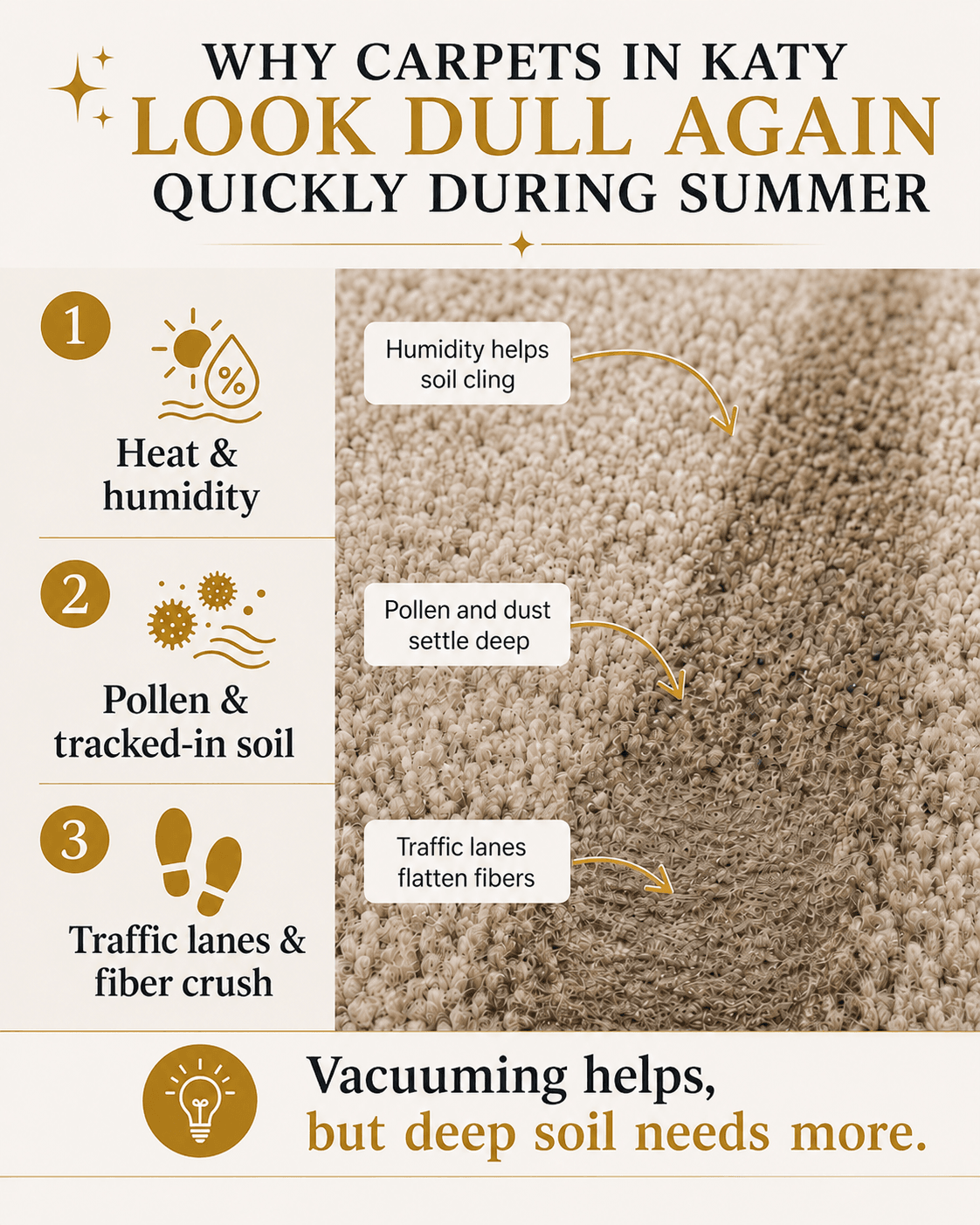 Educational graphic explaining why Katy carpets can look dirty again soon after cleaning.