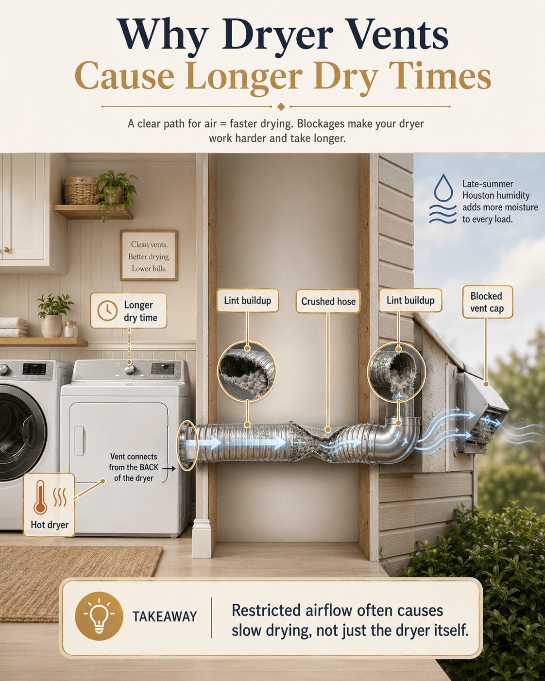 Educational graphic explaining dryer vent cleaning in Sugar Land homes.