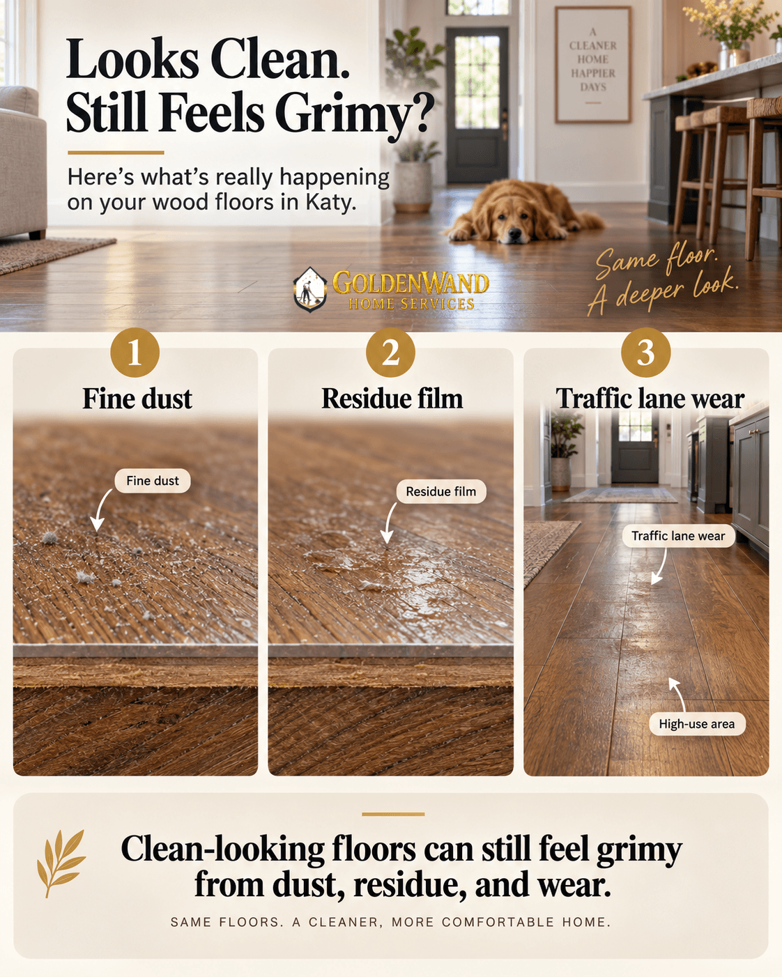 Educational graphic showing how fine dust, cleaner residue film, and traffic-lane wear can make wood floors in Katy feel grimy.