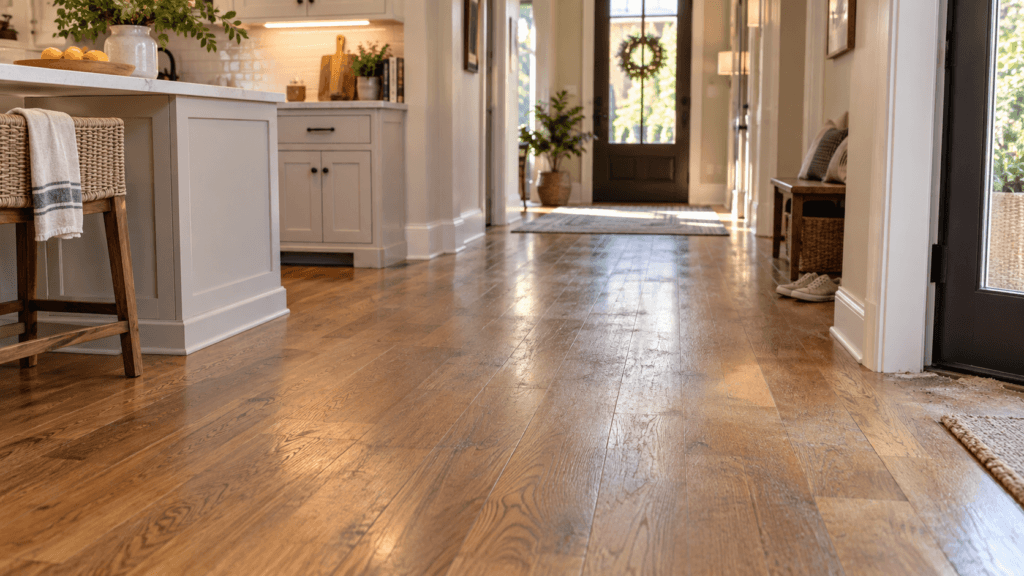 Warm wood floors in a Katy home showing subtle dullness and traffic-lane residue between the kitchen and entryway.