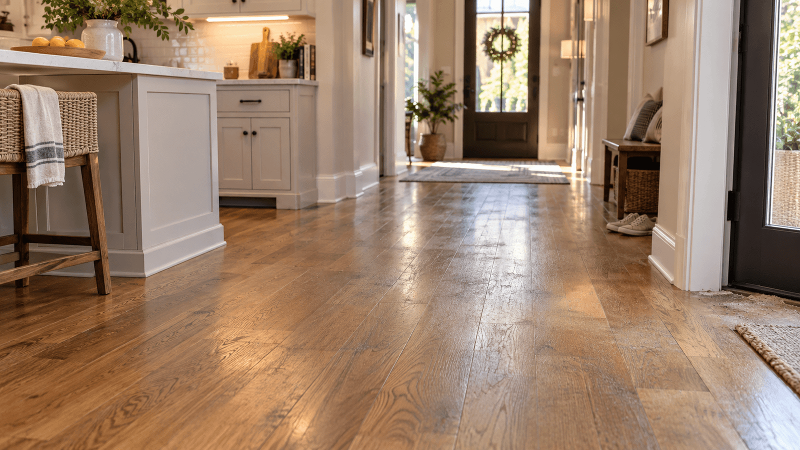 Warm wood floors in a Katy home showing subtle dullness and traffic-lane residue between the kitchen and entryway.