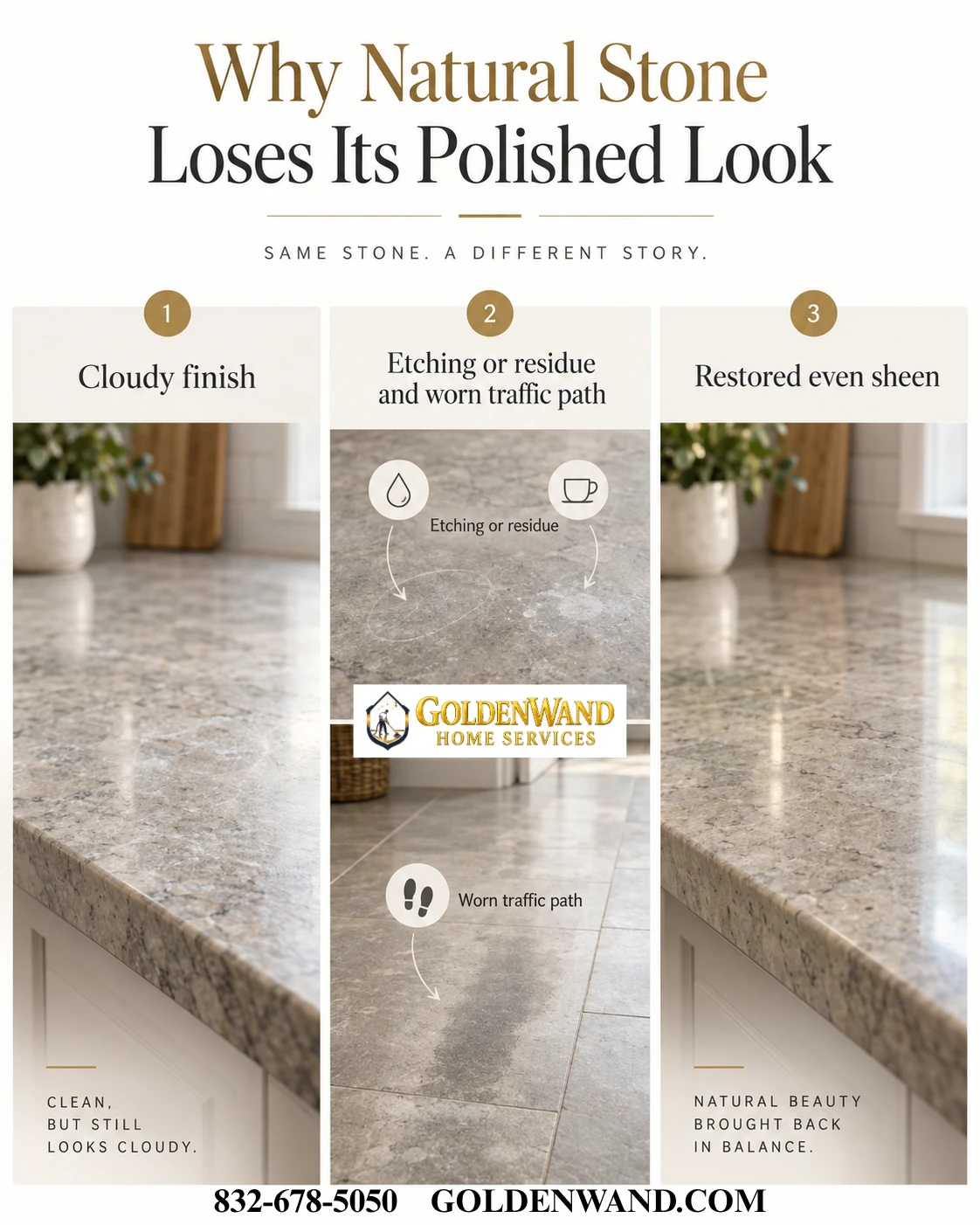 Educational graphic showing cloudy natural stone, etching and traffic wear, and a restored surface with a more even natural sheen.
