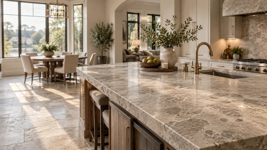Natural stone countertops and flooring in a bright The Woodlands kitchen showing a subtly cloudy, uneven finish in afternoon light.