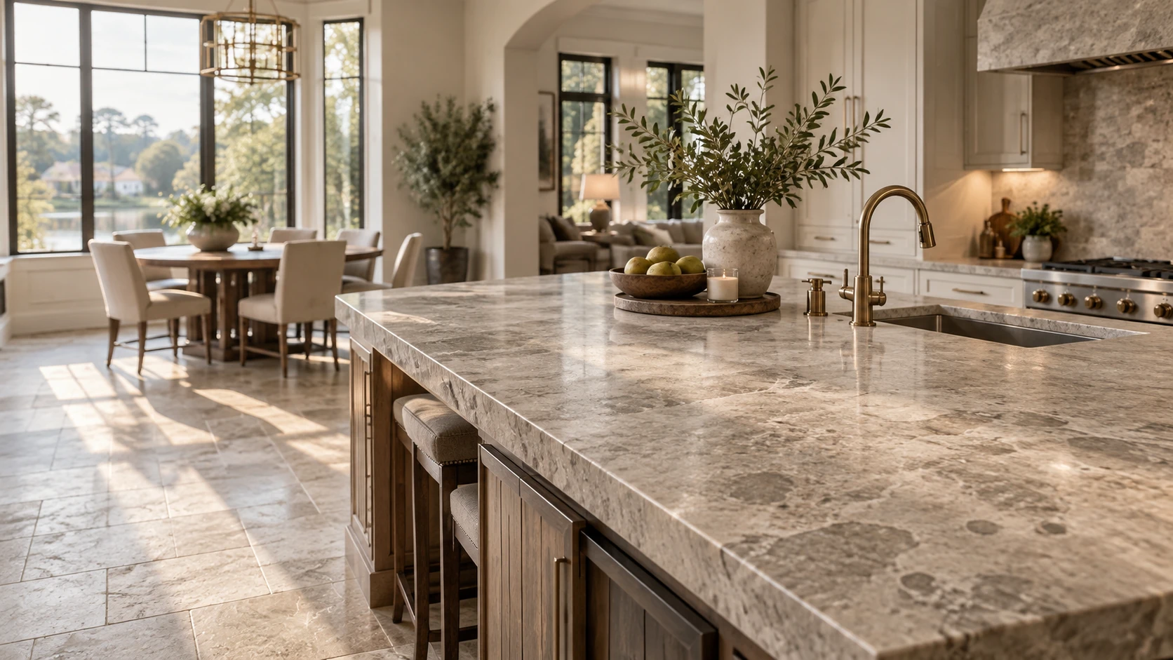 Natural stone countertops and flooring in a bright The Woodlands kitchen showing a subtly cloudy, uneven finish in afternoon light.