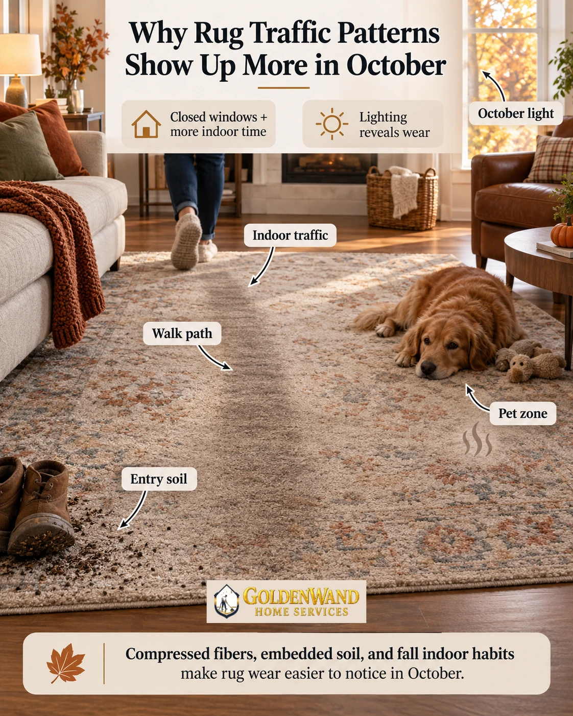 Educational graphic showing rug walk paths, pet zones, entry soil, indoor traffic, and October lighting in a Katy home.