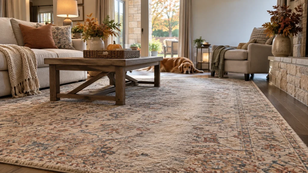 Warm Katy living room with a large area rug showing subtle traffic lanes and compressed fibers in soft October daylight.