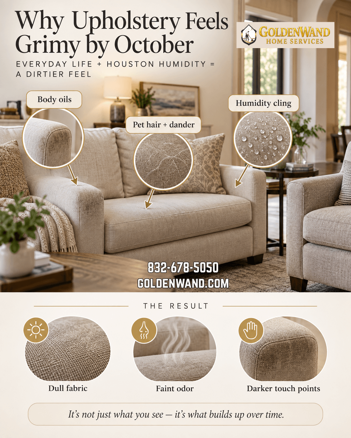 Educational graphic explaining common causes of grimy upholstery in Memorial homes.