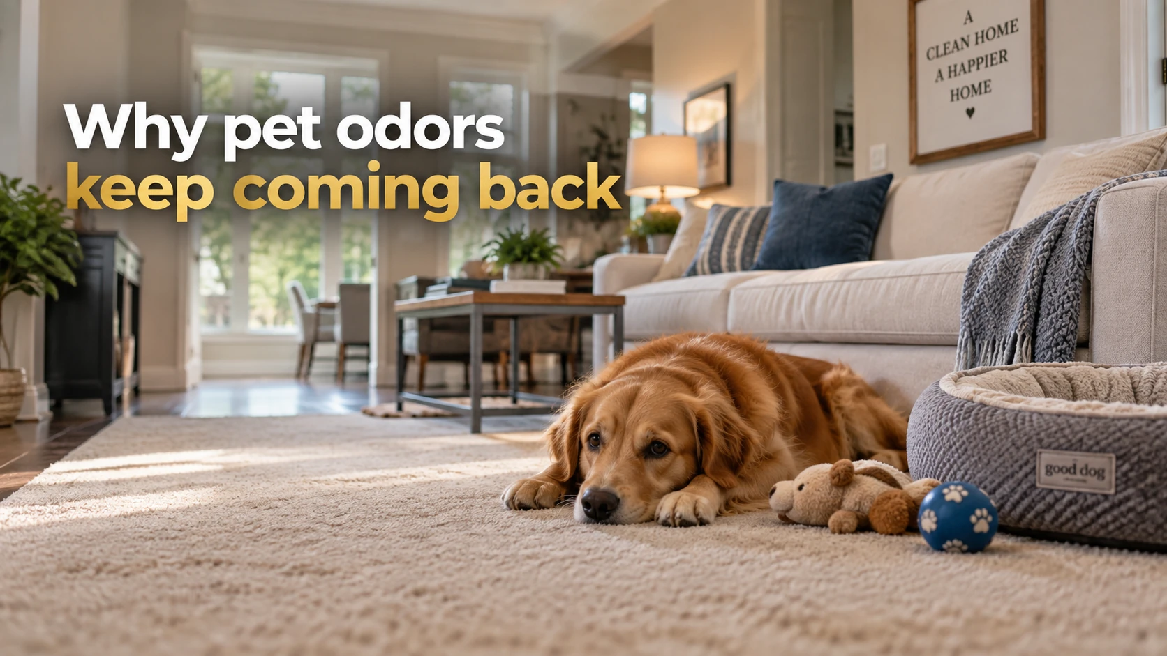 Neutral living room in a Memorial, Houston home with carpet, upholstered furniture, and a dog resting near a pet bed.